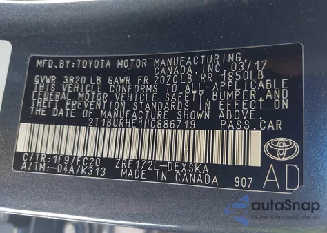 2017 Toyota Corolla Se from USA, damaged, VIN 2T1BURHE1HC886719
